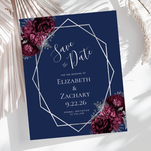 Budget Burgundy Floral Navy Silver Save the Date (Creator Uploaded)
