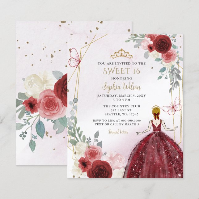 Budget Burgundy Floral Princess Sweet 16 Invite (Front/Back)
