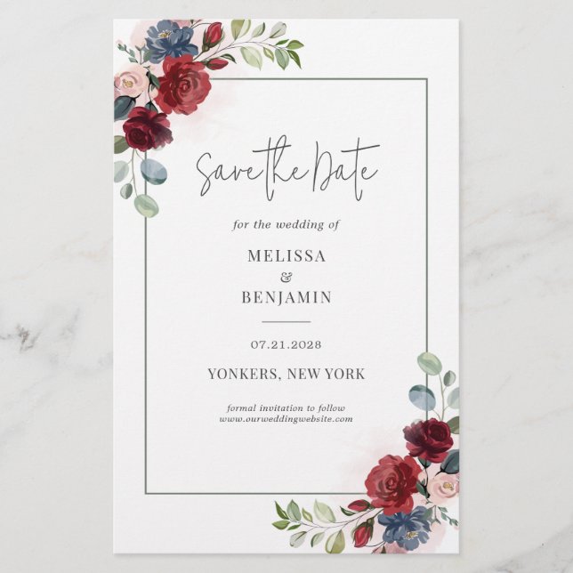 Budget Burgundy Floral Rustic Save the Date Flyer (Front)