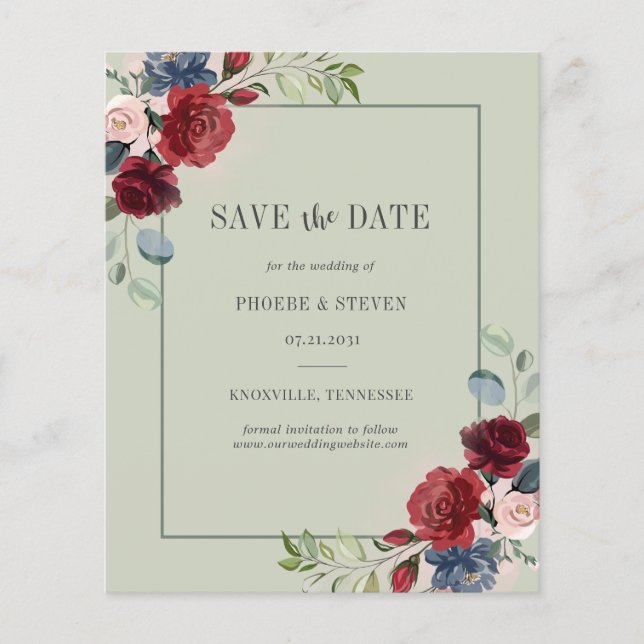 Budget Burgundy Floral Rustic Save the Date Flyer (Front)
