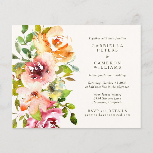 Budget Burgundy Floral Rustic Wedding Invitation (Front)