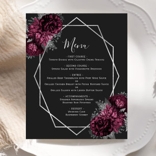 Budget Burgundy Floral Silver Black Wedding Menu