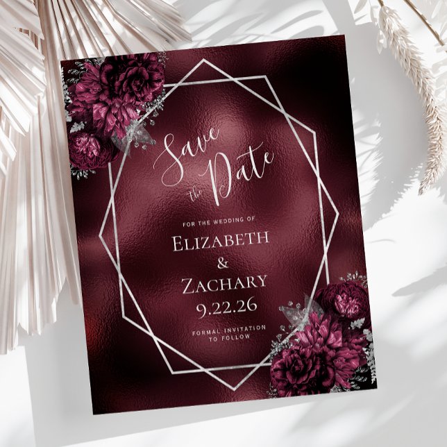 Budget Burgundy Floral Silver Geo Save the Date (Creator Uploaded)