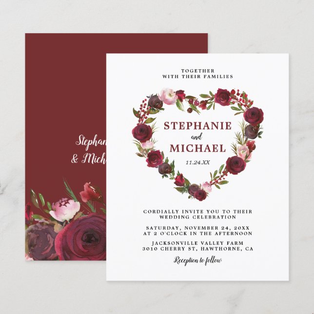 Budget Burgundy Floral Wedding Invitations (Front/Back)