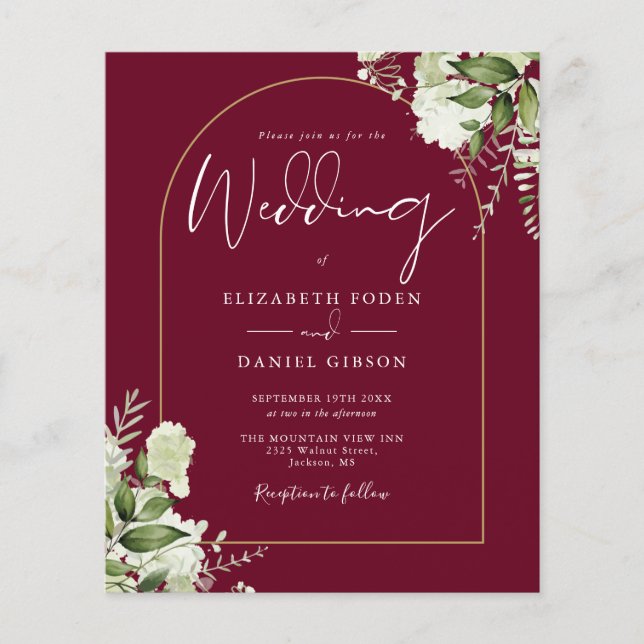 Budget Burgundy Foliage Gold Arch Wedding Invite (Front)