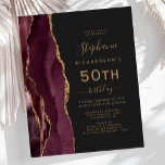 Budget Burgundy Gold Agate Dark 50th Birthday<br><div class="desc">The left-hand edge of this elegant modern 50th birthday party invitation features a burgundy watercolor agate border trimmed with gold faux glitter. The customizable text combines gold-coloured handwriting,  copperplate and italic fonts on a slate black background. The reverse side features a matching burgundy and gold agate design.</div>