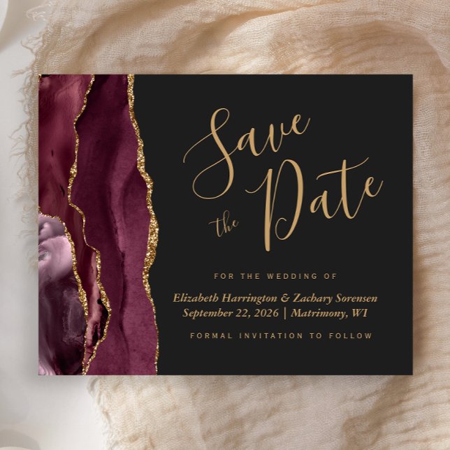 Budget Burgundy Gold Agate Dark Save the Date (Creator Uploaded)