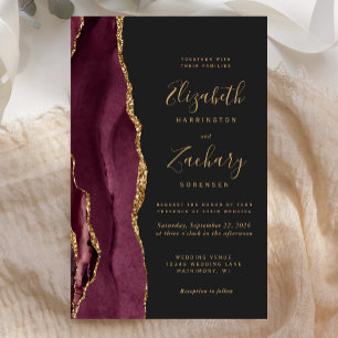 Budget Burgundy Gold Agate Dark Wedding Invitation
