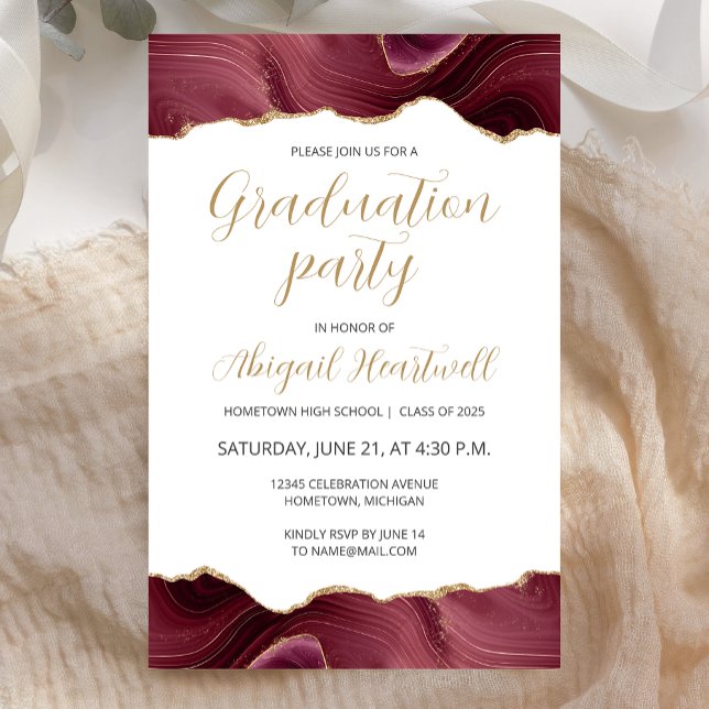 Budget Burgundy Gold Agate Graduation Party Invite (Creator Uploaded)
