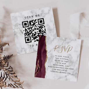 Budget Burgundy Gold Agate Marble QR Code RSVP Enclosure Card
