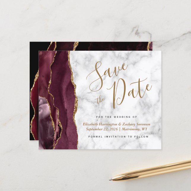 Budget Burgundy Gold Agate Marble Save the Date (Front/Back In Situ)
