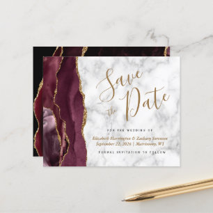 Budget Burgundy Gold Agate Marble Save the Date