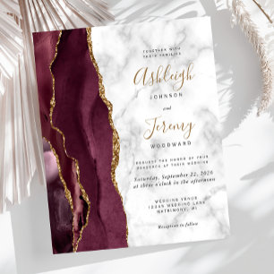 Budget Burgundy Gold Agate Marble Wedding Invite