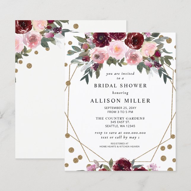 Budget Burgundy Gold Bridal Shower Invitation (Front/Back)