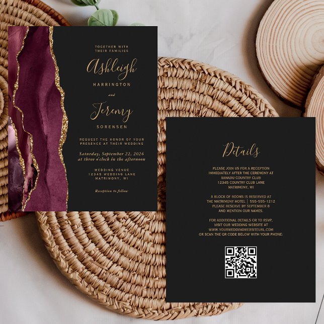 Budget Burgundy Gold Dark QR Code Wedding Invite (Creator Uploaded)