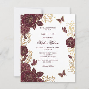 Budget Burgundy Gold Floral Butterfly Sweet 16
