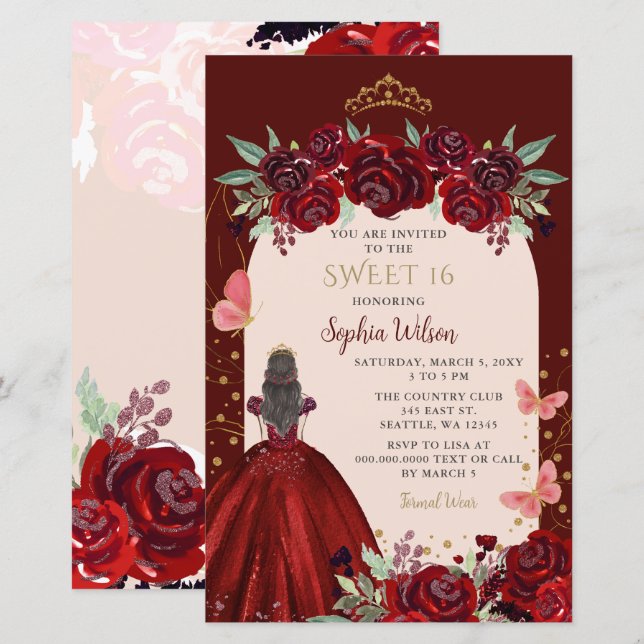Budget Burgundy Gold Floral Princess Sweet 16 (Front/Back)