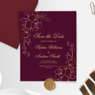 BUDGET Burgundy & Gold Flowers Save The Date Card