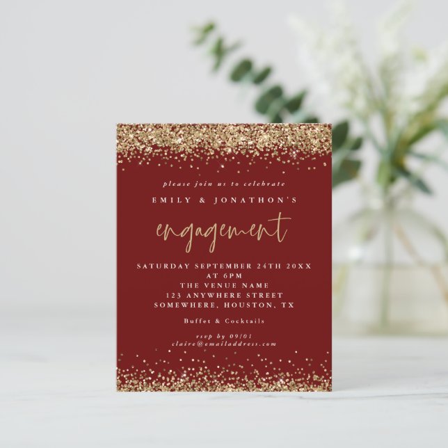 Budget Burgundy Gold Glitter Engagement Invitation (Standing Front)