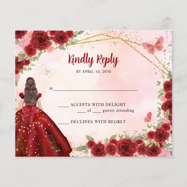 Budget Burgundy Gold Glitter Floral Princess RSVP (Front)