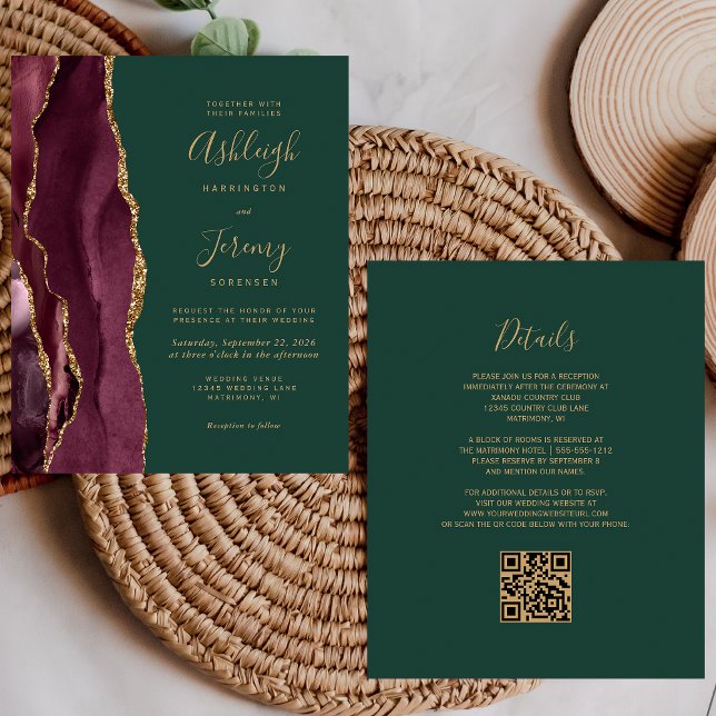 Budget Burgundy Gold Green QR Code Wedding Invite (Creator Uploaded)