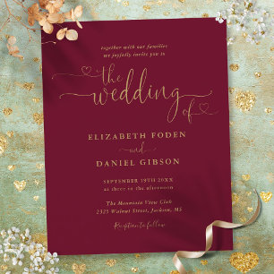 Budget Burgundy Gold Hearts Script Wedding Invite