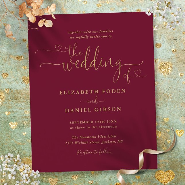Budget Burgundy Gold Hearts Script Wedding Invite (Creator Uploaded)