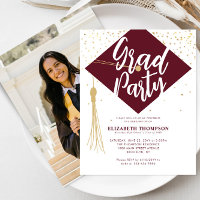 Budget Burgundy Gold Photo Graduation Party Invite