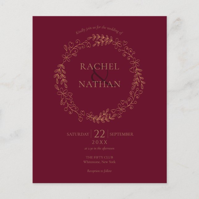 Budget Burgundy Laurel Garland Wedding Invitation (Front)
