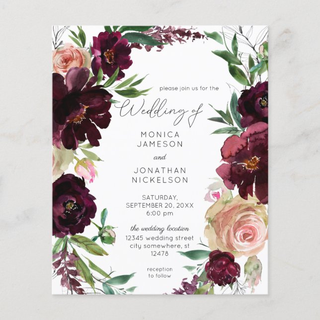 Budget Burgundy & Light Blush Pink Floral Wedding Flyer (Front)