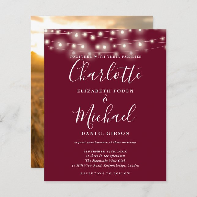 Budget Burgundy Lights Photo Wedding Invitation (Front/Back)