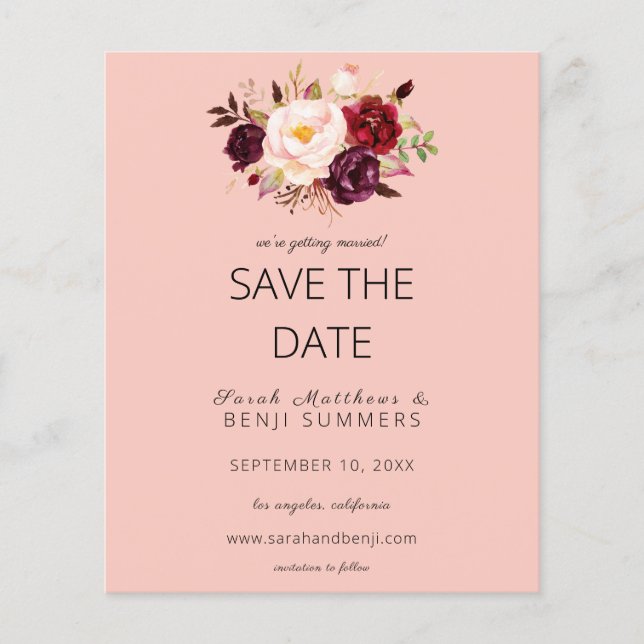 Budget Burgundy Marsa Floral Save the Date-Pink 2 Flyer (Front)