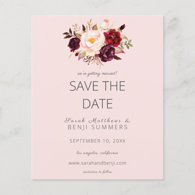 Budget Burgundy Marsa Floral Save the Date- Pink  Flyer (Front)