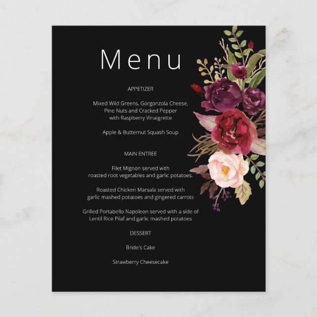 Budget Burgundy Marsala & Pink Floral Menu- Black Flyer (Front)
