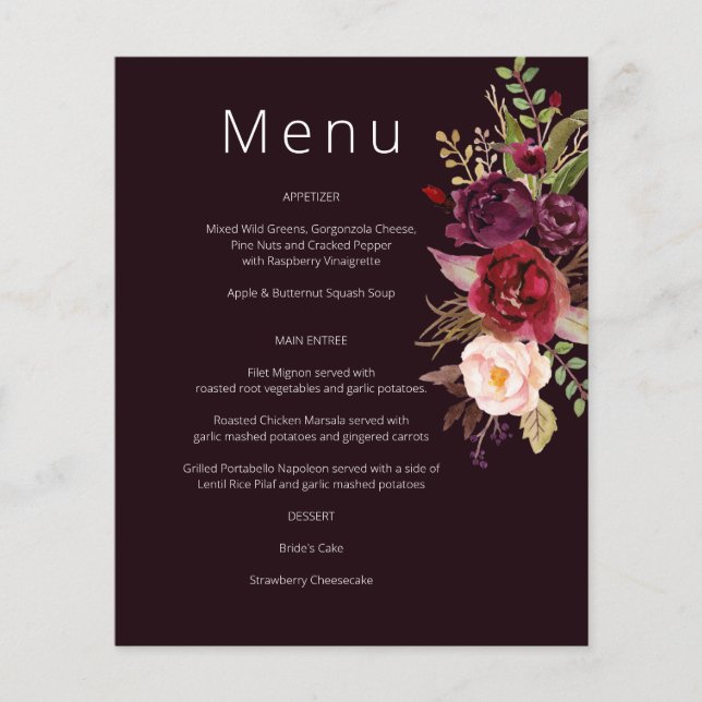 Budget Burgundy Marsala & Pink Floral Menu- Burg 2 Flyer (Front)