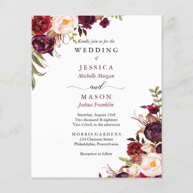 Budget Burgundy Marsala Wedding Invitation Flyer (Front)