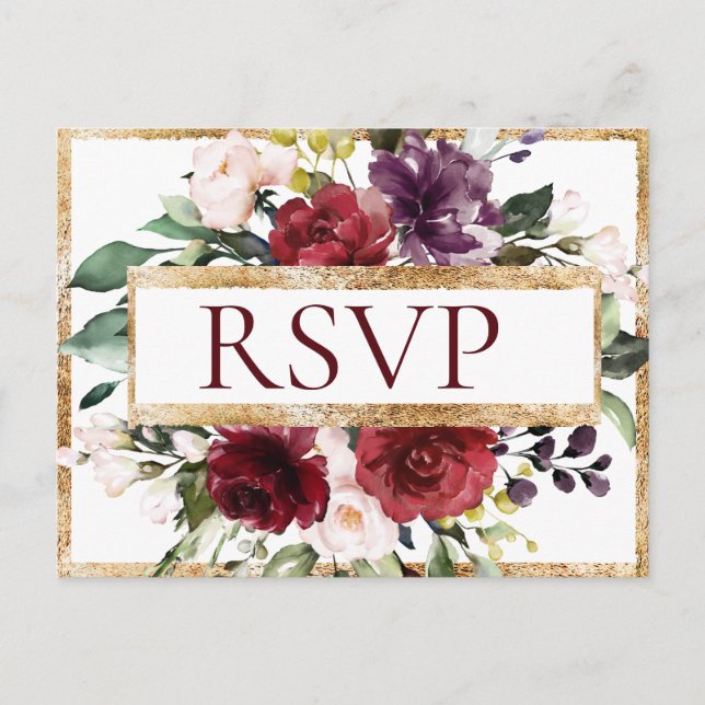 Budget Burgundy Monogram Floral Gold RSVP Postcard (Front)
