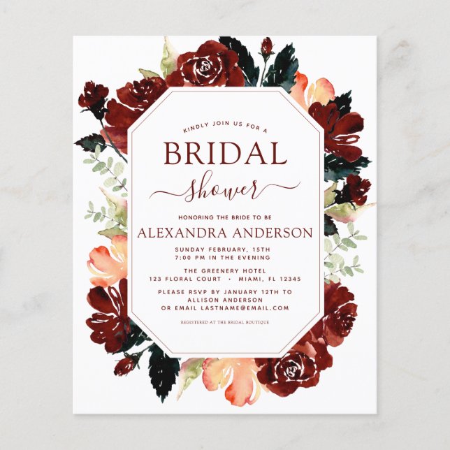 Budget Burgundy Navy Blue Bridal Shower Floral Flyer (Front)