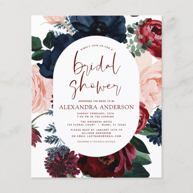Budget Burgundy Navy Blue Floral Bridal Shower Flyer (Front)