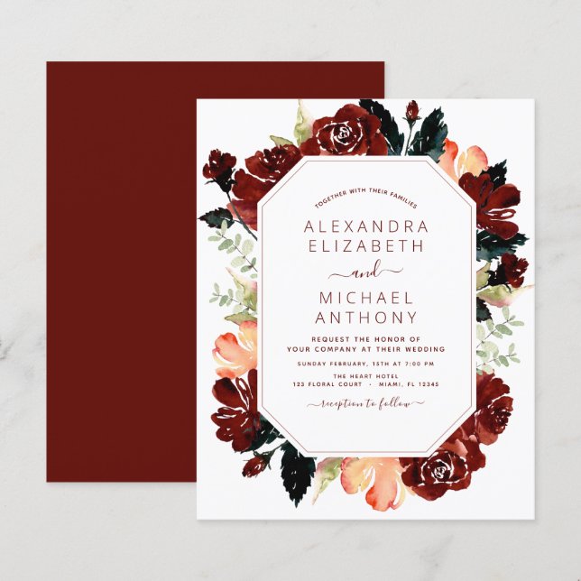 Budget Burgundy Navy Blue Floral Wedding Elegant (Front/Back)