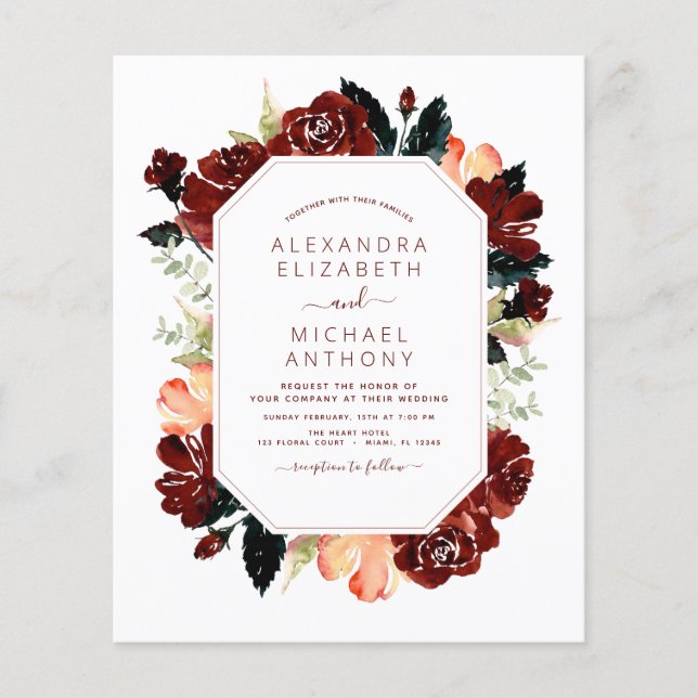 Budget Burgundy Navy Blue Floral Wedding Elegant Flyer (Front)