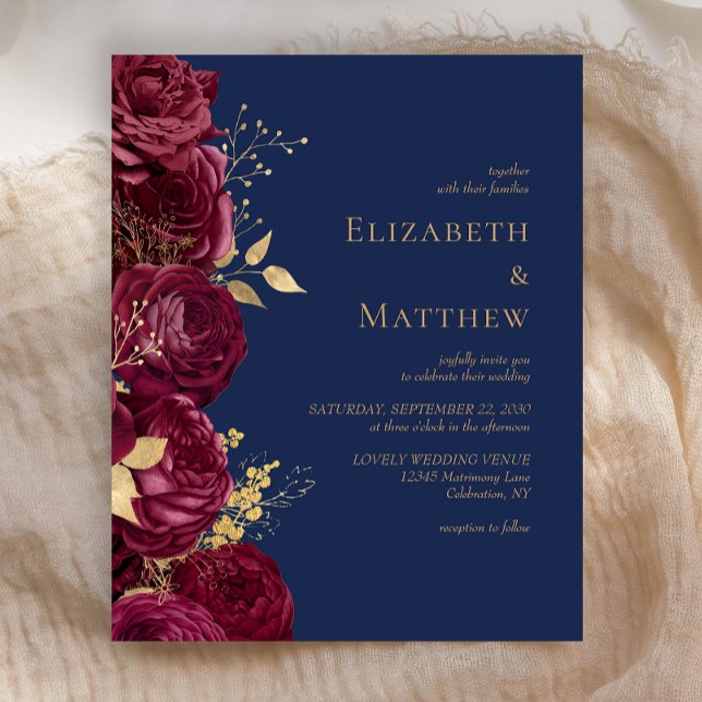 Budget Burgundy Navy Blue Floral Wedding Invite (Creator Uploaded)