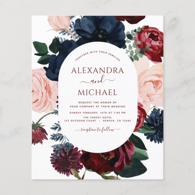 Budget Burgundy Navy Blue Photo Floral Wedding (Front)