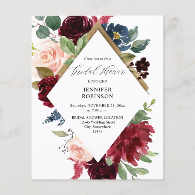 Budget Burgundy, Navy & Blush Pink Bridal Shower Flyer (Front)