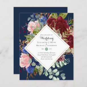 BUDGET Burgundy Navy Floral Wedding Invitations