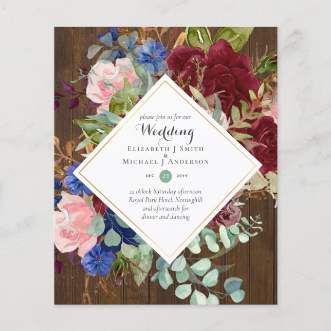 BUDGET Burgundy Navy Floral Wedding Invitations Flyer (Front)