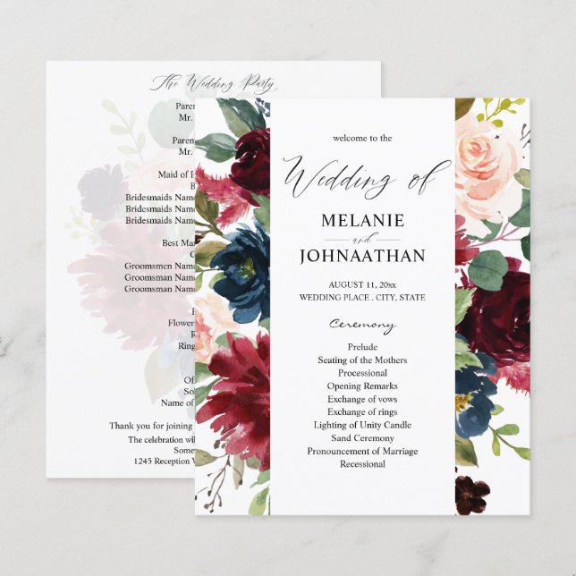 Budget Burgundy Navy Pink Floral Wedding Program (Front/Back)
