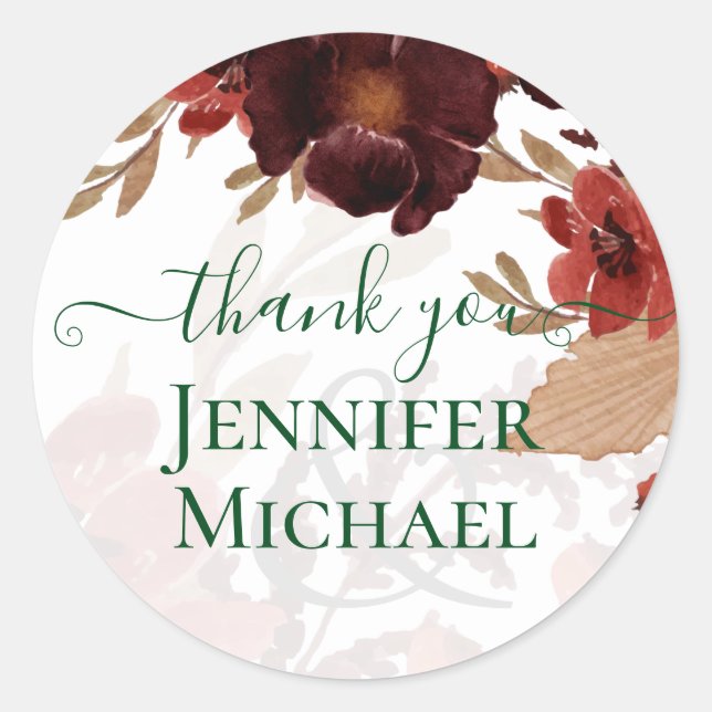 Budget Burgundy Orange Fall Floral Wedding Classic Round Sticker (Front)