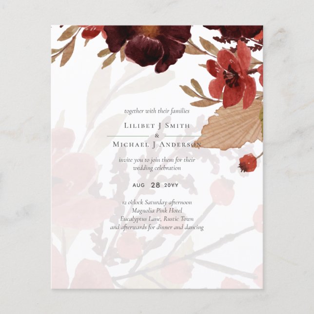 Budget Burgundy Orange Fall Floral Wedding Flyer (Front)