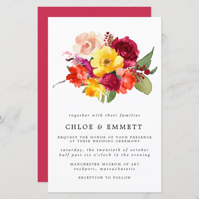 Budget Burgundy Orange Yellow Pink Wedding Invite (Front/Back)